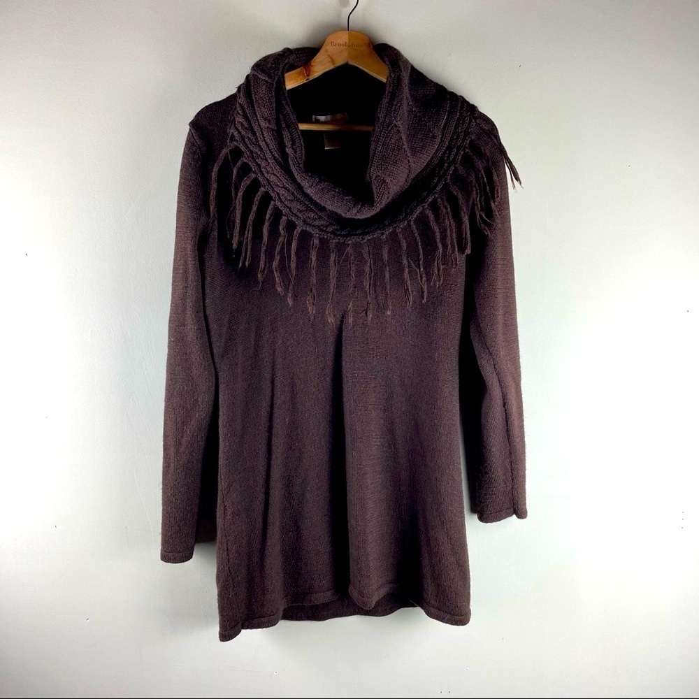 Valerie‎ Bertinelli: Longline Wool Blend Tassel Fringe Cowl-Neck Sweater Large